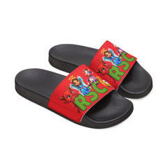 Russell Sage College Mascot Characters Graphic Women's Summer Slide Sandals -  Purple Cow, Red Devil, Golden Horseshoe, Blue Angel
