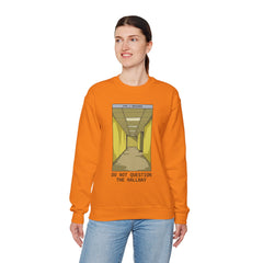 Crewneck Sweatshirt "Do Not Question the Hallway" – Retro Yellow Corridor Graphic