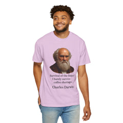 Darwin Coffee Funny T-Shirt — "Survival of the Fittest? I Barely Survive Coffee Shortages."