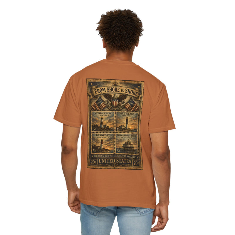 From Shore To Shore Lighthouse Series T Shirt -  Scenic Vintage Postage Stamps