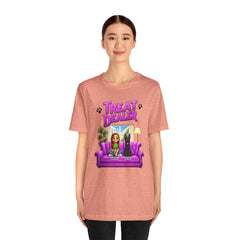 Personalized Treat Dealer T-Shirt — Funny Pet Lover Tee with Girl and Dog on Purple Couch