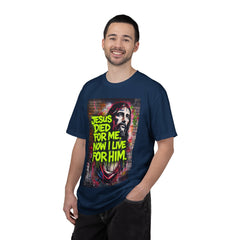 Christian T-Shirt — "Jesus Died For Me, Now I Live For Him" Graffiti Tee