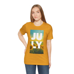 July Sunflower T‑Shirt – Summer Graphic Tee with 'JULY' Text