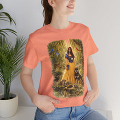 Fairy Tale Forest Tee — Woman with Dog Vintage Fantasy Graphic Shirt