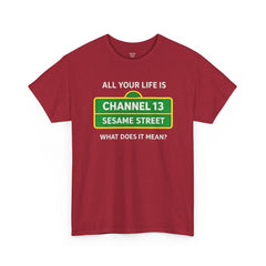FUNNY T SHIRT  ALL YOUR LIFE IS CHANNEL 13 SESAME STREET WHAT DOES IT MEAN? MUSIC LYRICS. Unisex Heavy Cotton Tee