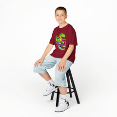 Kids Skateboarding T‑Rex Tee — Neon Dino Skateboard Shirt for Boys & Girls