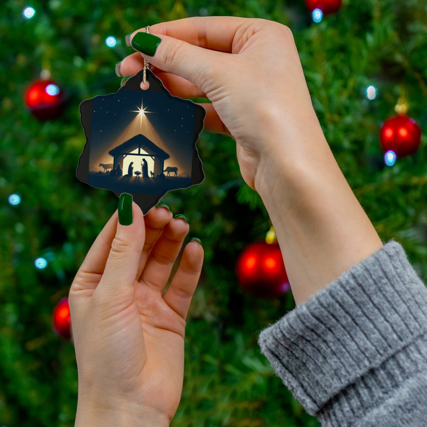 Believe in the power of the season adorable Snowman - Personalized Ceramic Ornament, 4 Shapes Choose one: snowflake, star, heart or circle.