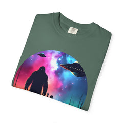 Bigfoot & Alien Nightscape T-Shirt — Sasquatch UFO Graphic Tee
