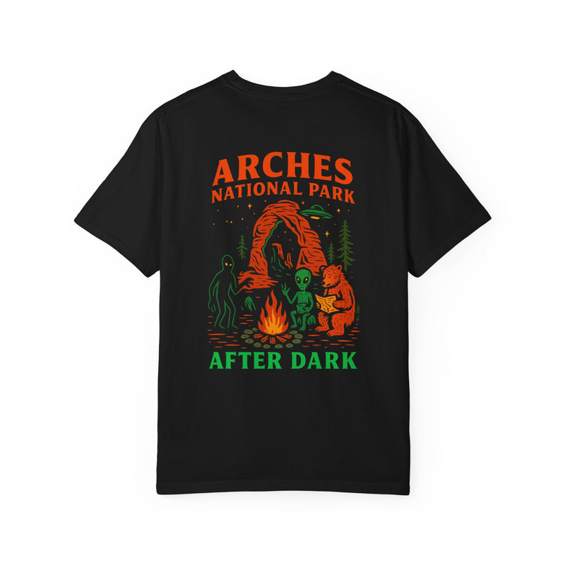 After Dark Collection Arches National Park Unisex Garment Dyed Adventure Tee, Shadow Walker, Alien and Bear with a map campfire scene