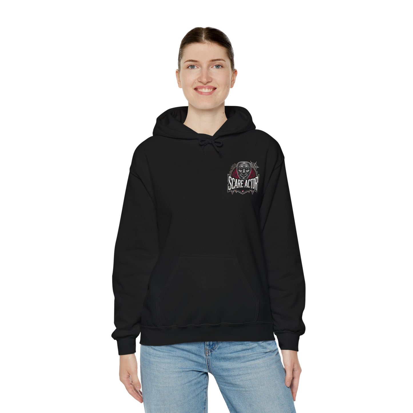 Scare Actor Front Logo back Image Unisex Heavy Blend™ Pullover Hooded Sweatshirt