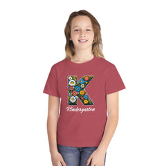 Flower K Kindergarten Youth Tee | Cute Kids Shirt, School Apparel, Gift for Students, Back to School, Floral Design