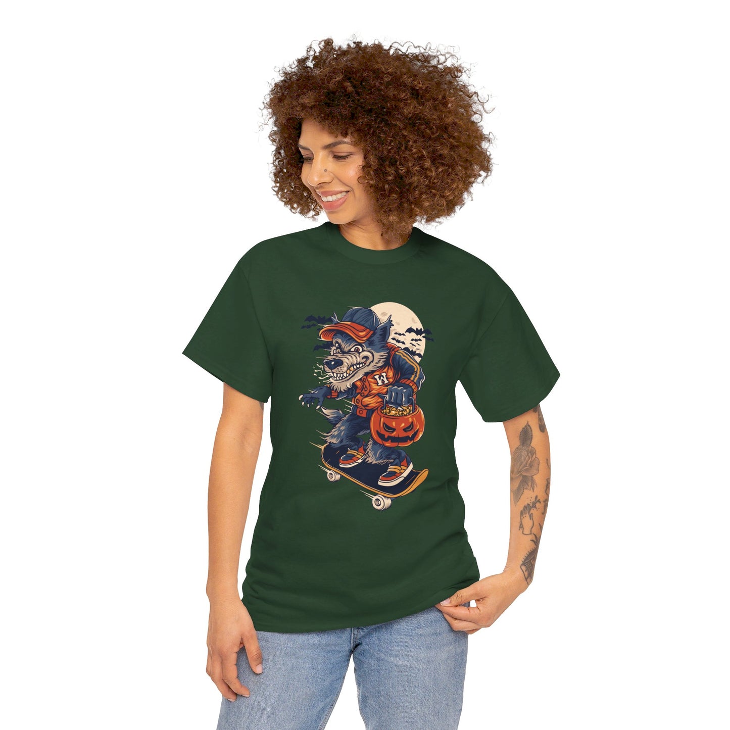 Trick or Treat Skateboarding Wolf! Graphic Unisex Heavy Cotton Tee