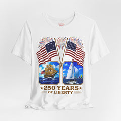 250 Years of Liberty Patriotic T-Shirt - Unique 1776 Tall Ship Brig and a 2026 Flying Scot Sailing Racer