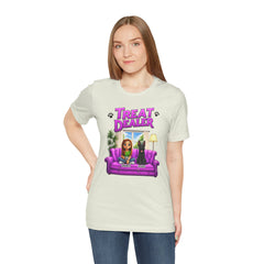 Personalized Treat Dealer T-Shirt — Funny Pet Lover Tee with Girl and Dog on Purple Couch