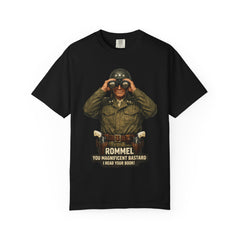 Graphic T-Shirt — Vintage WWII General George Patton Binoculars Design with "Rommel You Magnificent Bastard" Text