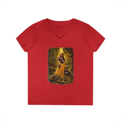 Fairy Tale Snow White & Dog V-Neck T-Shirt — Whimsical Princess Forest Graphic