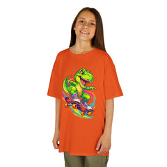 Kids Skateboarding T‑Rex Tee — Neon Dino Skateboard Shirt for Boys & Girls
