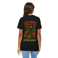 Funny Eerie Adventure Unisex Tee - Olympic National Park Camping Shirt, Bigfoot, Aliens and Bears by the Campfire