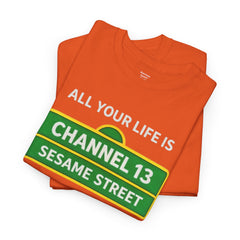 FUNNY T SHIRT  ALL YOUR LIFE IS CHANNEL 13 SESAME STREET WHAT DOES IT MEAN? MUSIC LYRICS. Unisex Heavy Cotton Tee