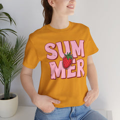 Summer Strawberry T-Shirt — Cute Pink Graphic Tee with Strawberry "SUMMER" Design