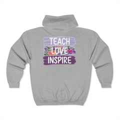 Teach Love Inspire Hoodie - Cozy Unisex Zip-Up Sweatshirt for Educators and Motivators