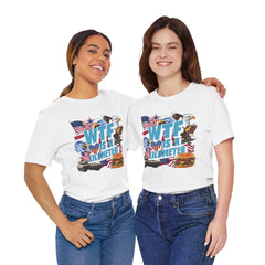 WTF Is A Kilometer? Patriotic Graphic Tee - Funny USA Eagle Burger Design