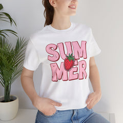 Summer Strawberry T-Shirt — Cute Pink Graphic Tee with Strawberry "SUMMER" Design