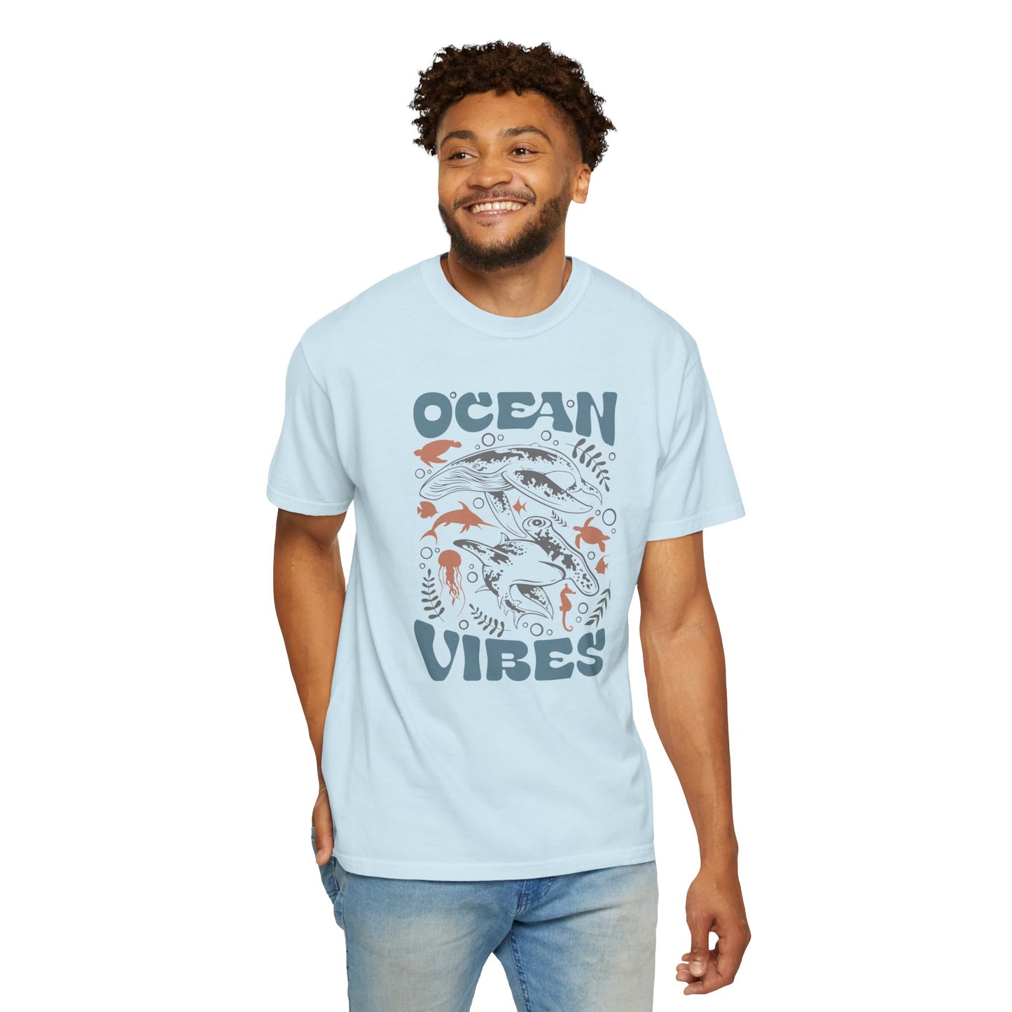 Whales and Dolphins, Ocean Vibes -  Graphic Unisex Garment-Dyed T-shirt