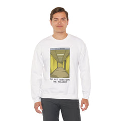Crewneck Sweatshirt "Do Not Question the Hallway" – Retro Yellow Corridor Graphic