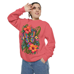 Floral Butterfly Sweatshirt — Tropical Hibiscus Garden Crewneck