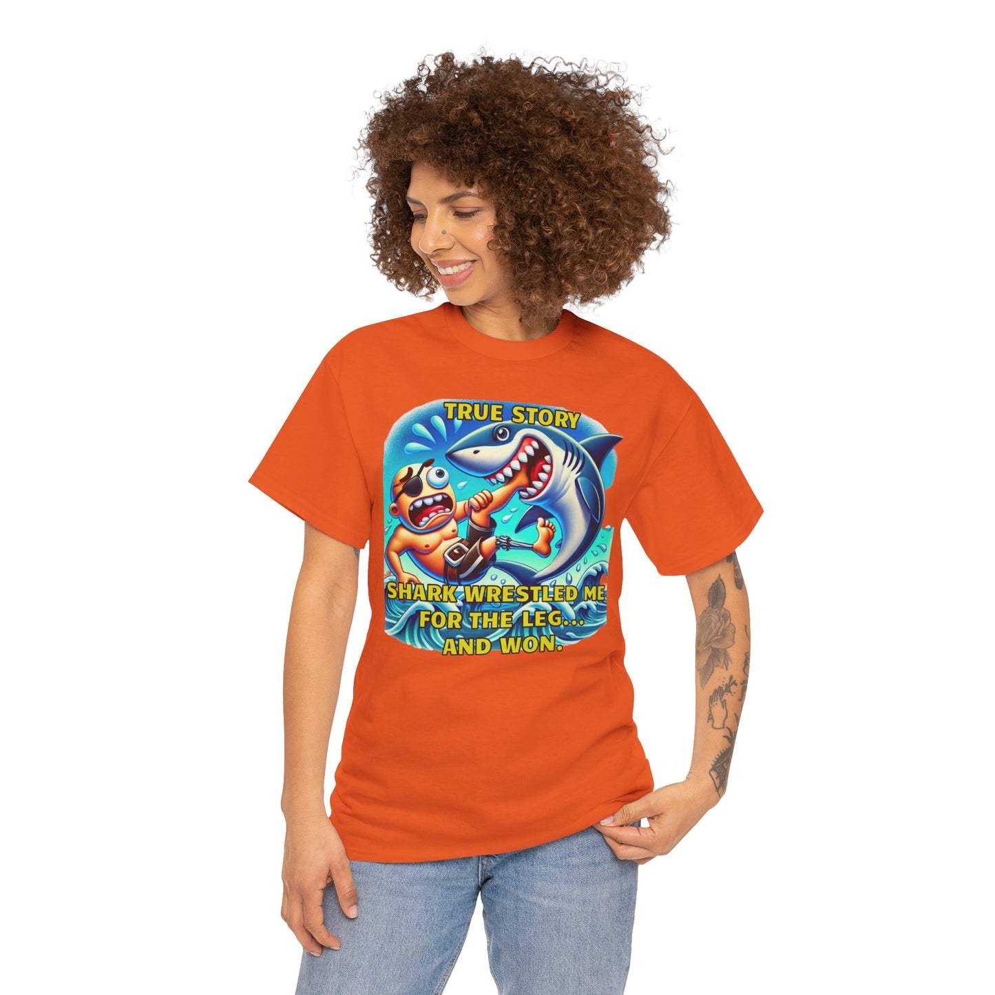 Amputee Humor True Story Shark Wrestled Me For The Leg, And Won - Unisex Heavy Cotton Tee