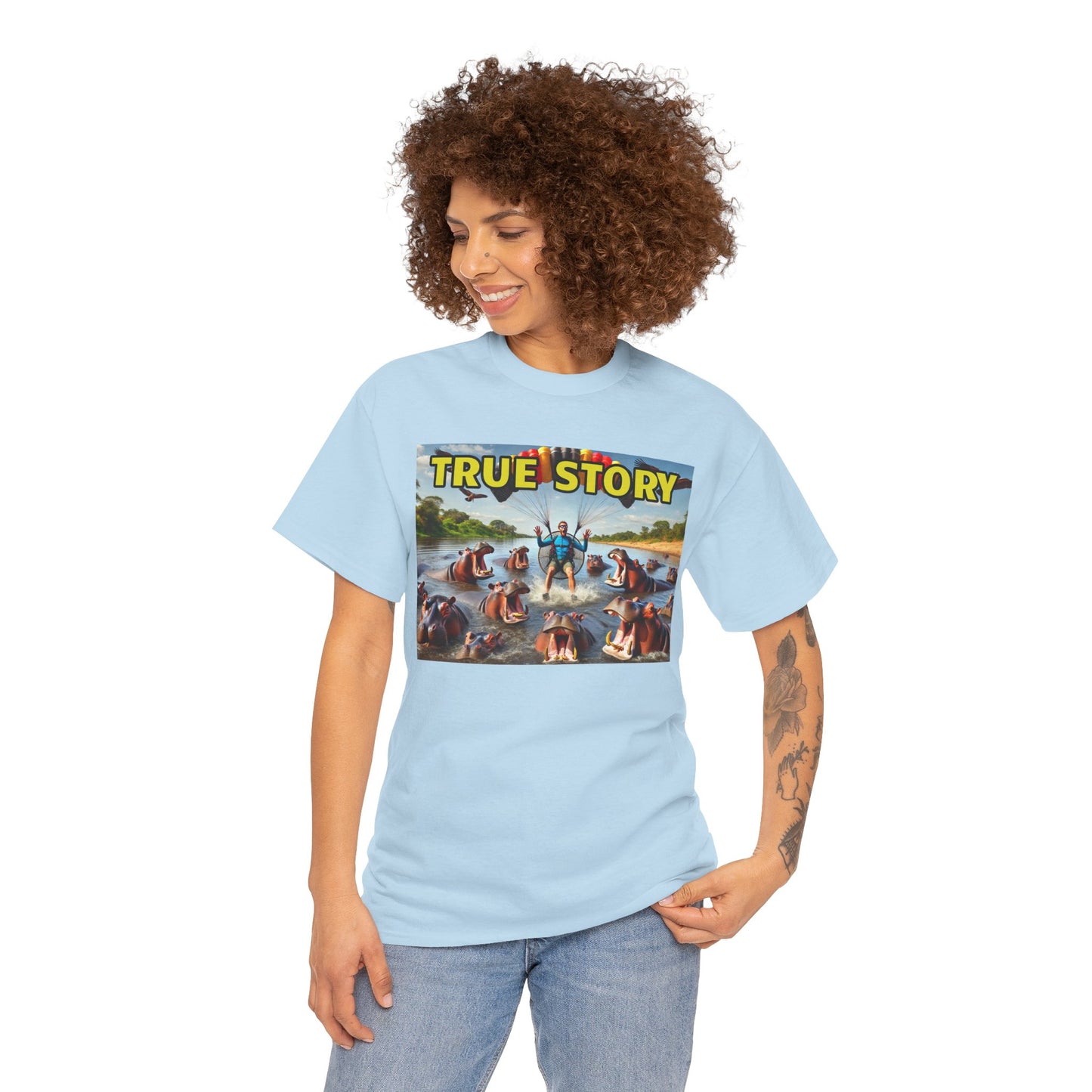 Amputee Humor True Story Paragliding into Hungry Hippos - Unisex Heavy Cotton Tee