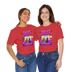 Personalized Treat Dealer T-Shirt — Funny Pet Lover Tee with Girl and Dog on Purple Couch