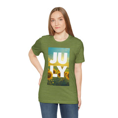July Sunflower T‑Shirt – Summer Graphic Tee with 'JULY' Text
