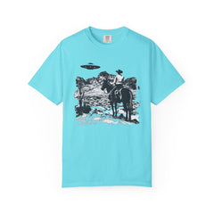 UFO Meets Cowboy Vintage Graphic T-Shirt — Retro Western Alien Tee