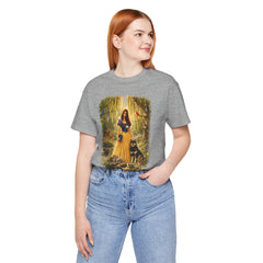 Fairy Tale Forest Tee — Woman with Dog Vintage Fantasy Graphic Shirt