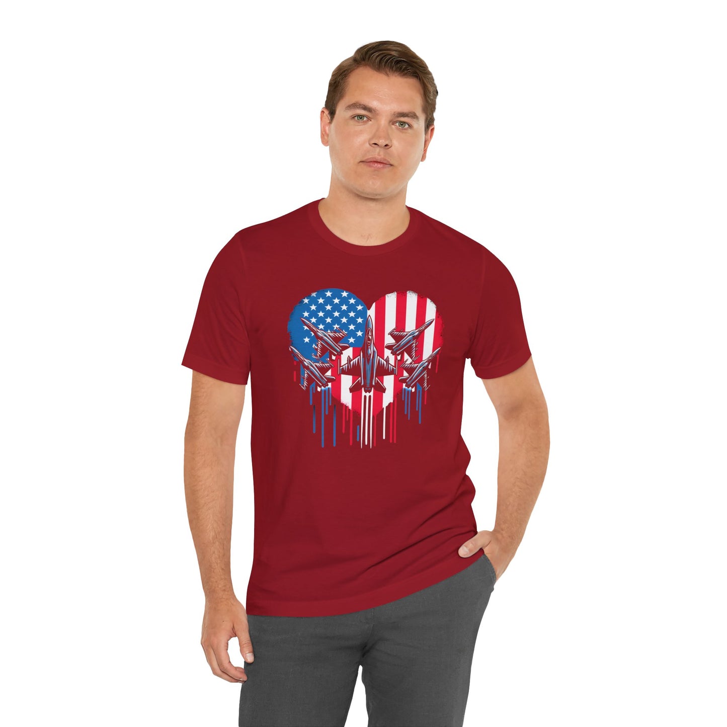 Red White and Blue Heart with Jets Graphic, Unisex Jersey Short Sleeve Tee