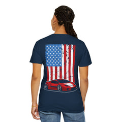 Patriotic Car Graphic Unisex T-Shirt - Vintage American Flag Design