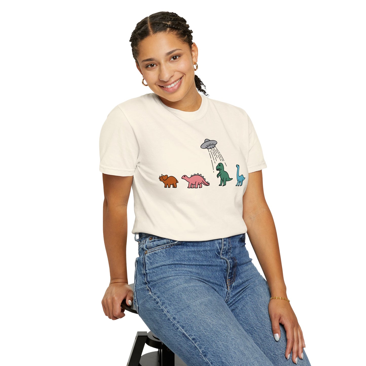 Dinosaur UFO Retro Unisex Garment-Dyed T-shirt