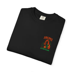 After Dark Collection Arches National Park Unisex Garment Dyed Adventure Tee, Shadow Walker, Alien and Bear with a map campfire scene