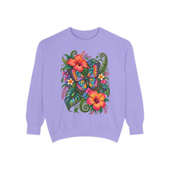 Floral Butterfly Sweatshirt — Tropical Hibiscus Garden Crewneck