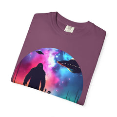 Bigfoot & Alien Nightscape T-Shirt — Sasquatch UFO Graphic Tee