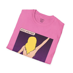 WILD AND FREE Pop Art Blonde Hair Girl with denim shorts and no top Unisex Softstyle T Shirt