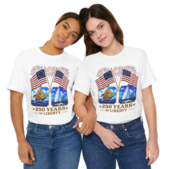 250 Years of Liberty Patriotic T-Shirt - Unique 1776 Tall Ship Brig and a 2026 Flying Scot Sailing Racer