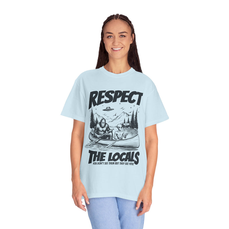 Bigfoot and Alien Outdoor Canoe Adventure - Respect The Locals T-Shirt