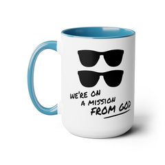 Funny Movie Quote Mug, We're On A Mission From God, Blues Brothers Movie, Cheap Sunglasses, Novelty Gift, 80s Movie Mug, Two Tone Mug 15 oz.