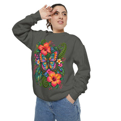 Floral Butterfly Sweatshirt — Tropical Hibiscus Garden Crewneck