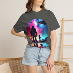 Bigfoot & Alien Nightscape T-Shirt — Sasquatch UFO Graphic Tee
