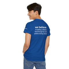 Dog Trainer T‑Shirt — "dog trainer." Front Logo with "we believe..." Positive Training Back Text