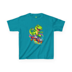 Kids Skateboarding T‑Rex Tee — Neon Dino Skateboard Shirt for Boys & Girls